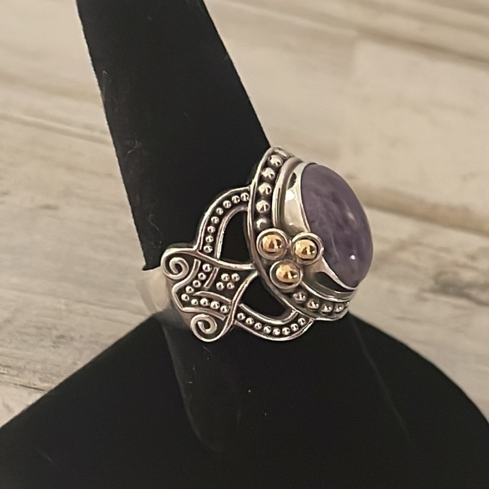 Suarti Bali Sterling Silver Cabochon Amethyst Ring 18K Gold Accent Size 8 - Picture 4 of 7
